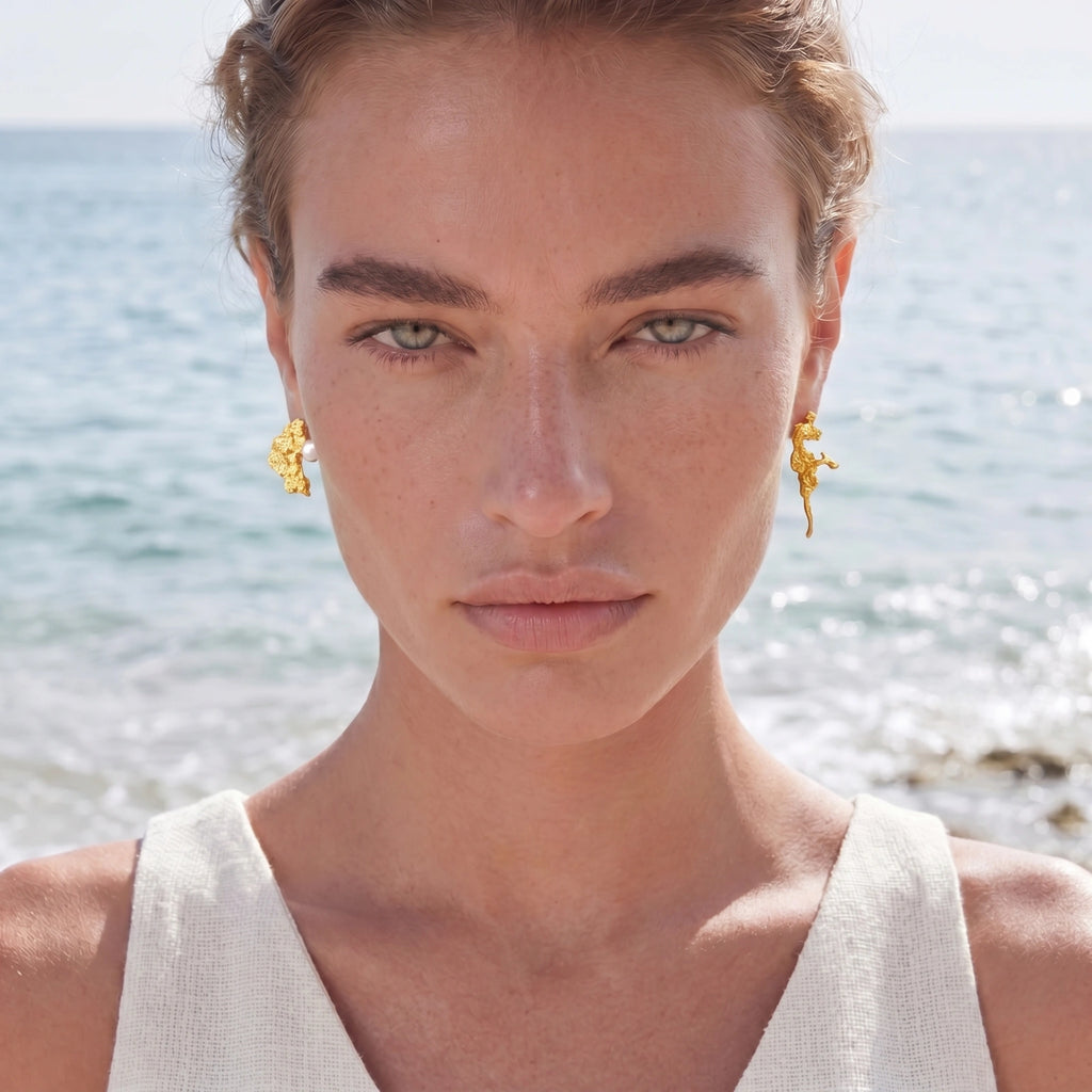 Model wearing Coral Reef Asymmetrical Studs
