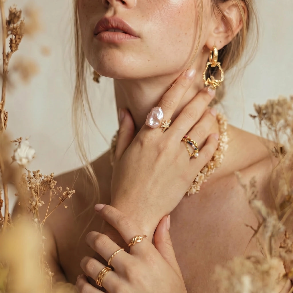 Starlit Pearl Dreams Ring worn on the hand