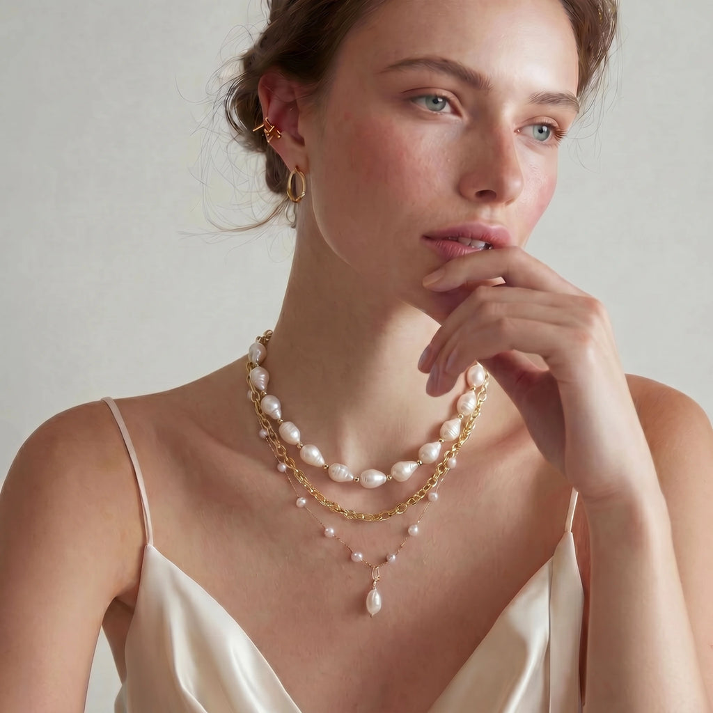 Woman wearing the layered baroque pearl necklace with a white outfit