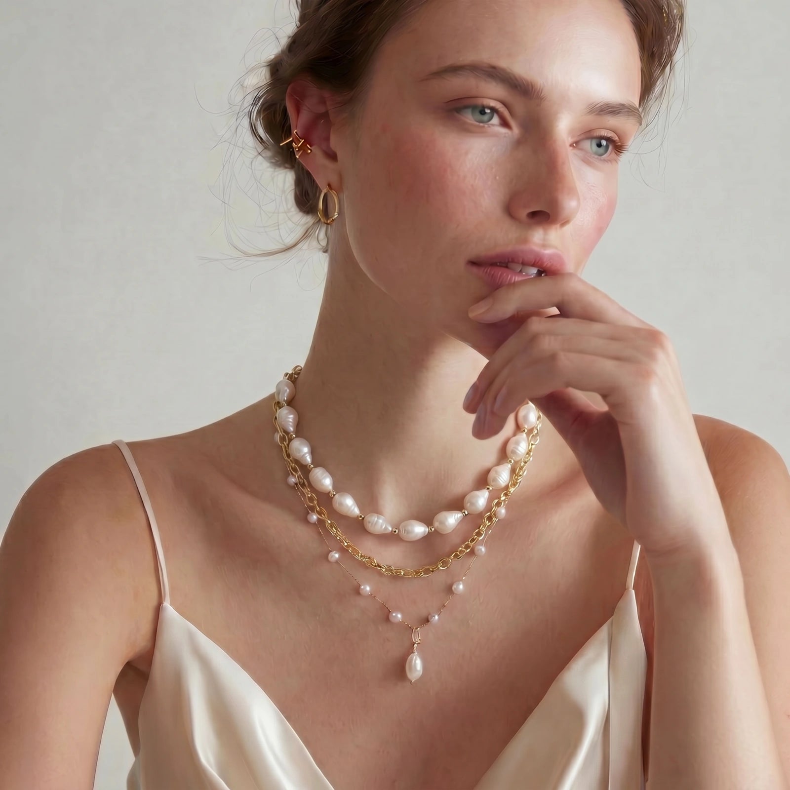 Woman wearing the layered baroque pearl necklace with a white outfit