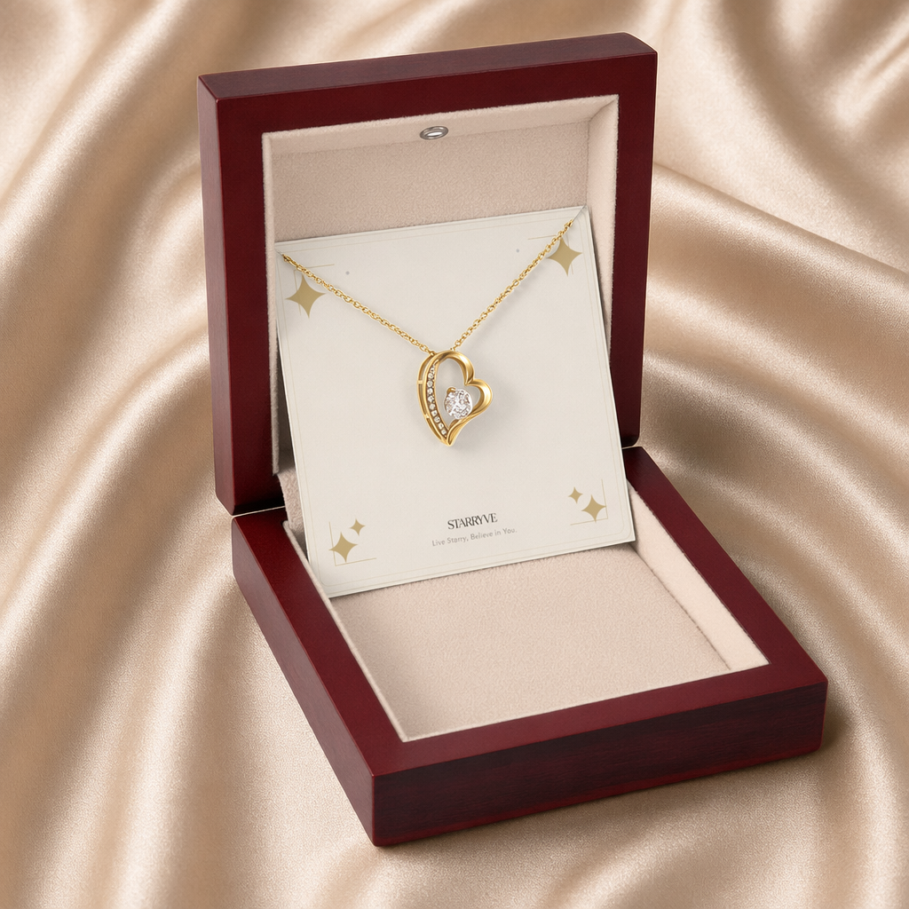 Gold forever love necklace displayed in a mahogany LED luxury gift box