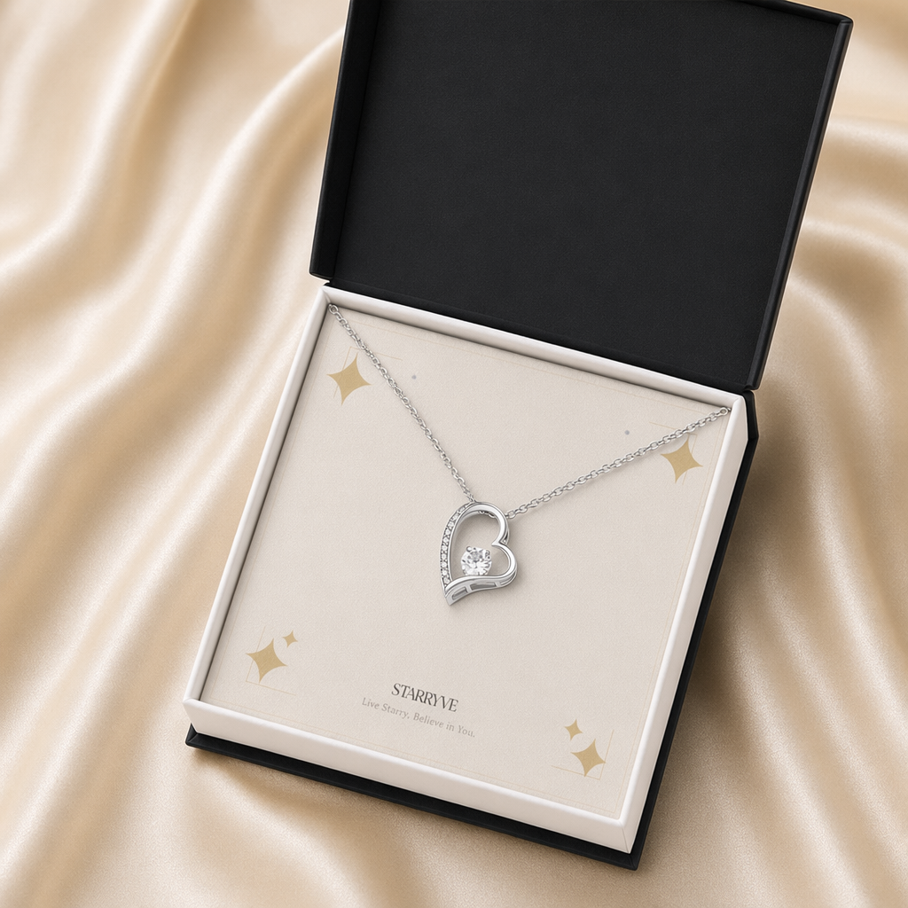 White gold forever love necklace in a black standard gift box