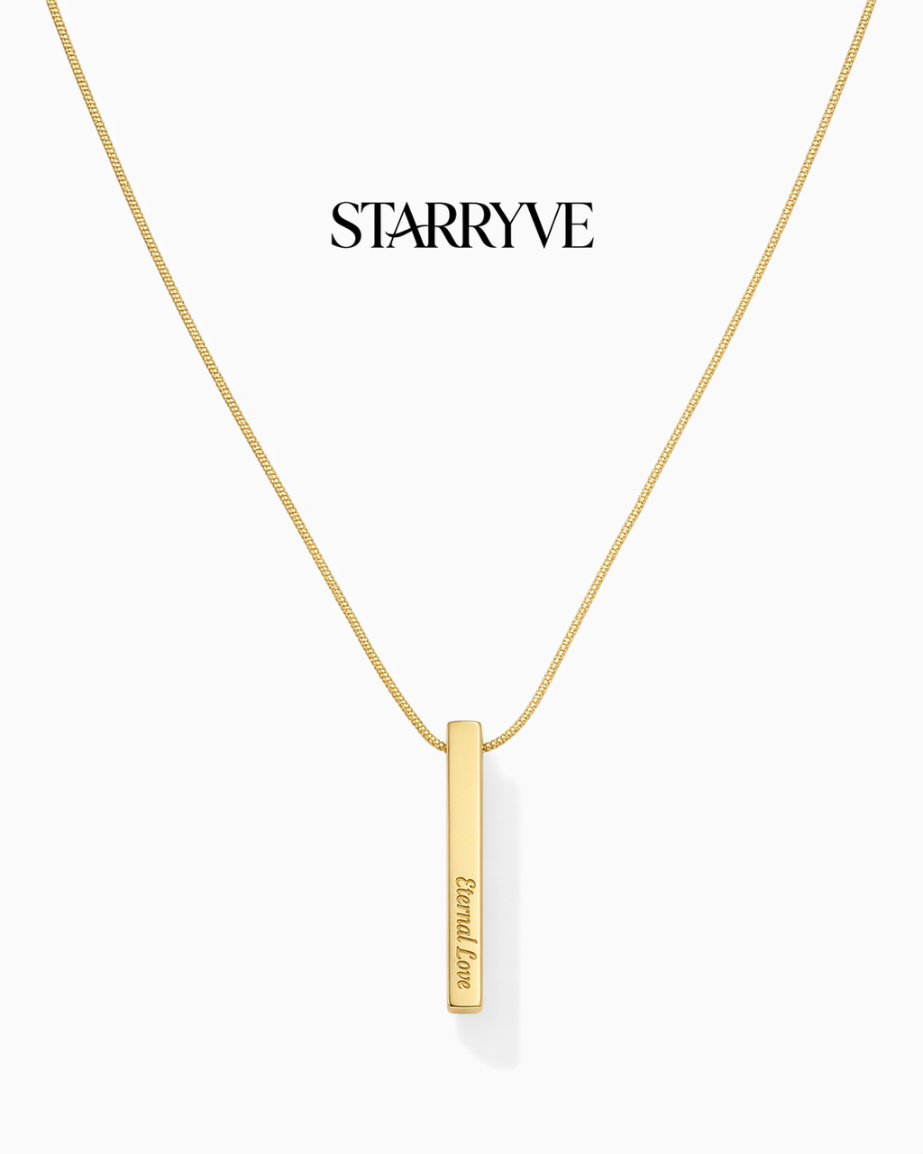 18k gold 4-sided bar necklace engraved "Eternal Love" on a snake chain