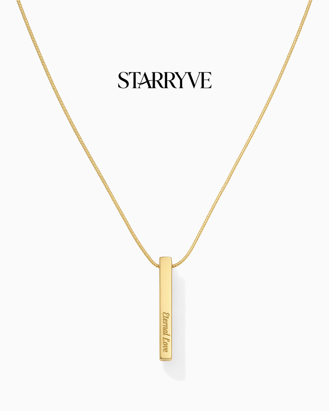 18k gold 4-sided bar necklace engraved "Eternal Love" on a snake chain