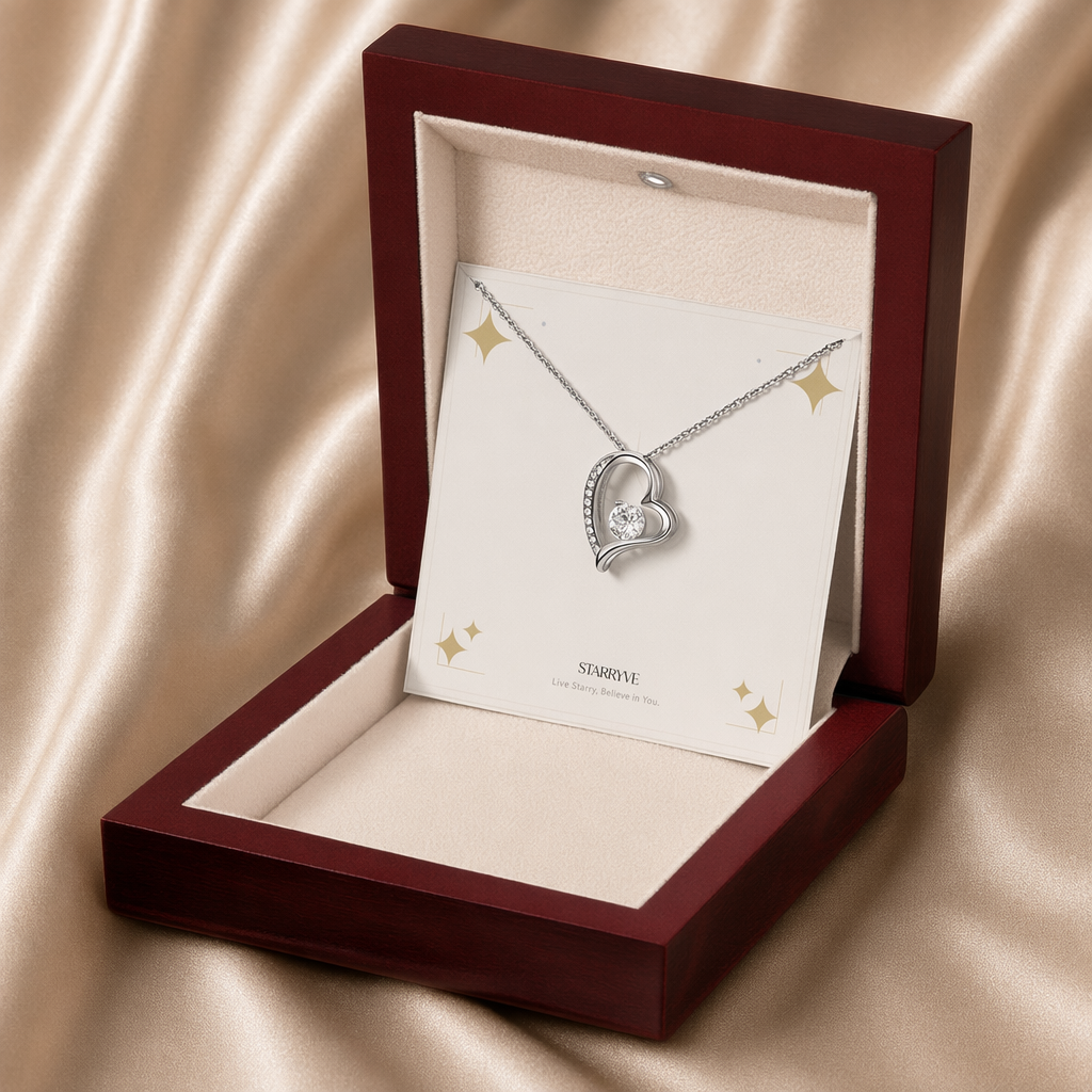 White gold forever love necklace displayed in a mahogany LED luxury gift box