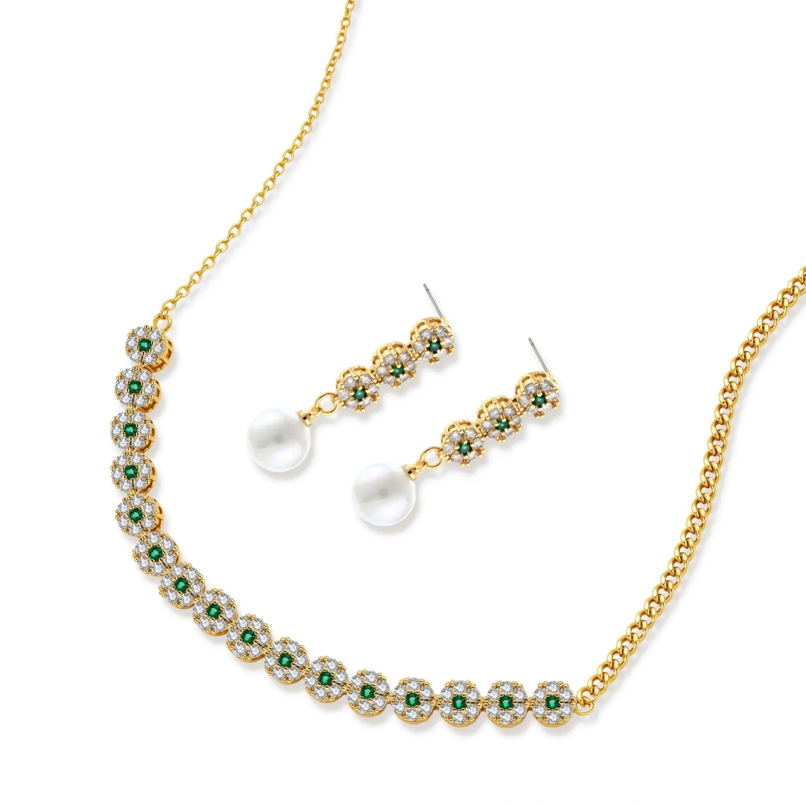 Flat lay of the emerald garden jewelry set showing necklace and earrings