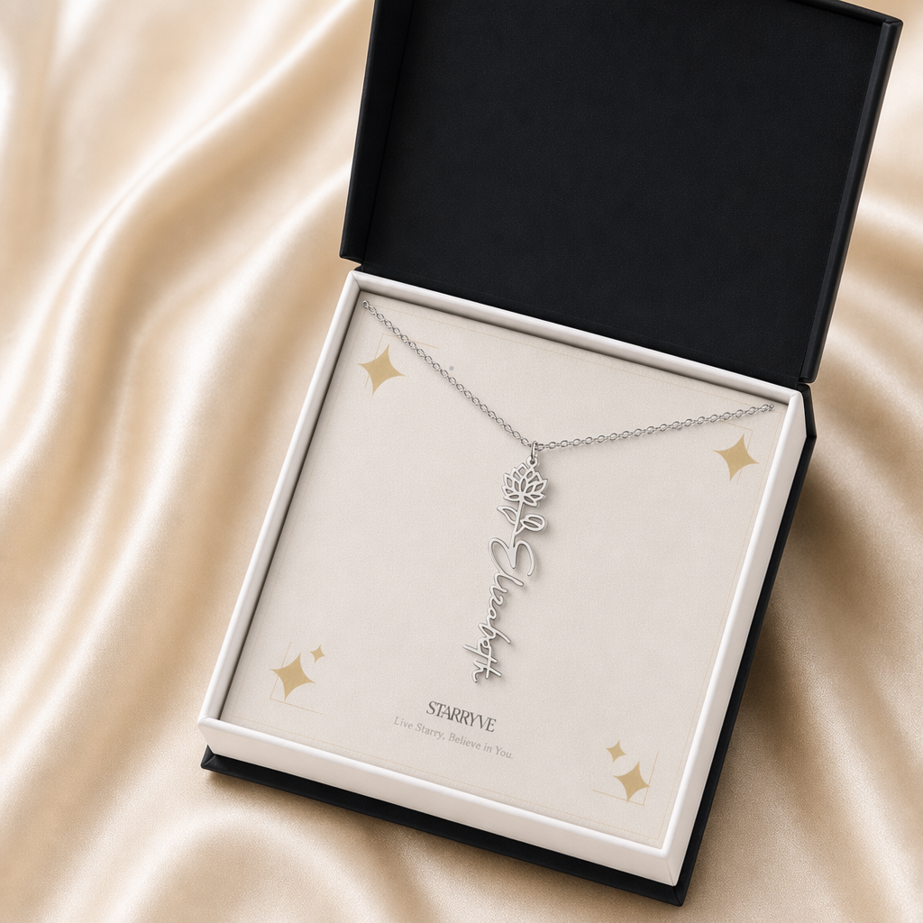 Silver flower name necklace with the July water lily birth flower, shown in a black standard gift box
