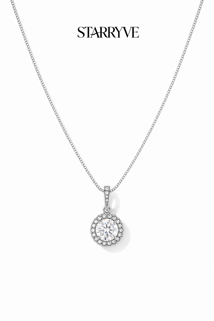 White gold eternal hope necklace with a cushion-cut cubic zirconia halo pendant