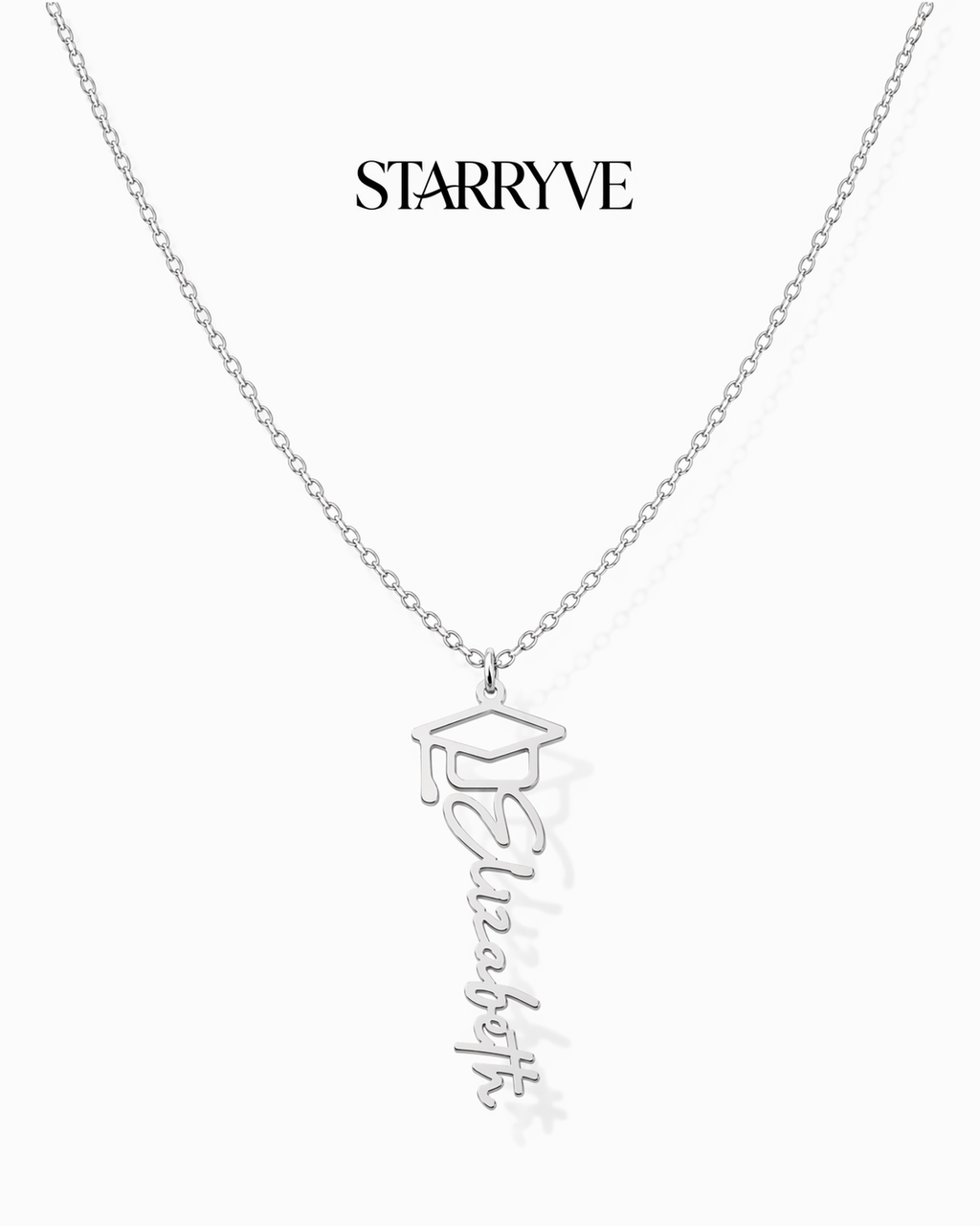 Silver graduation cap name necklace with a personalized cursive name pendant