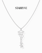 Silver graduation cap name necklace with a personalized cursive name pendant