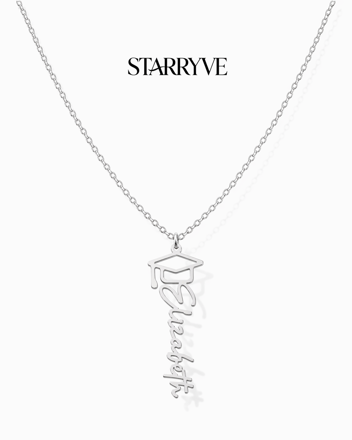 Silver graduation cap name necklace with a personalized cursive name pendant