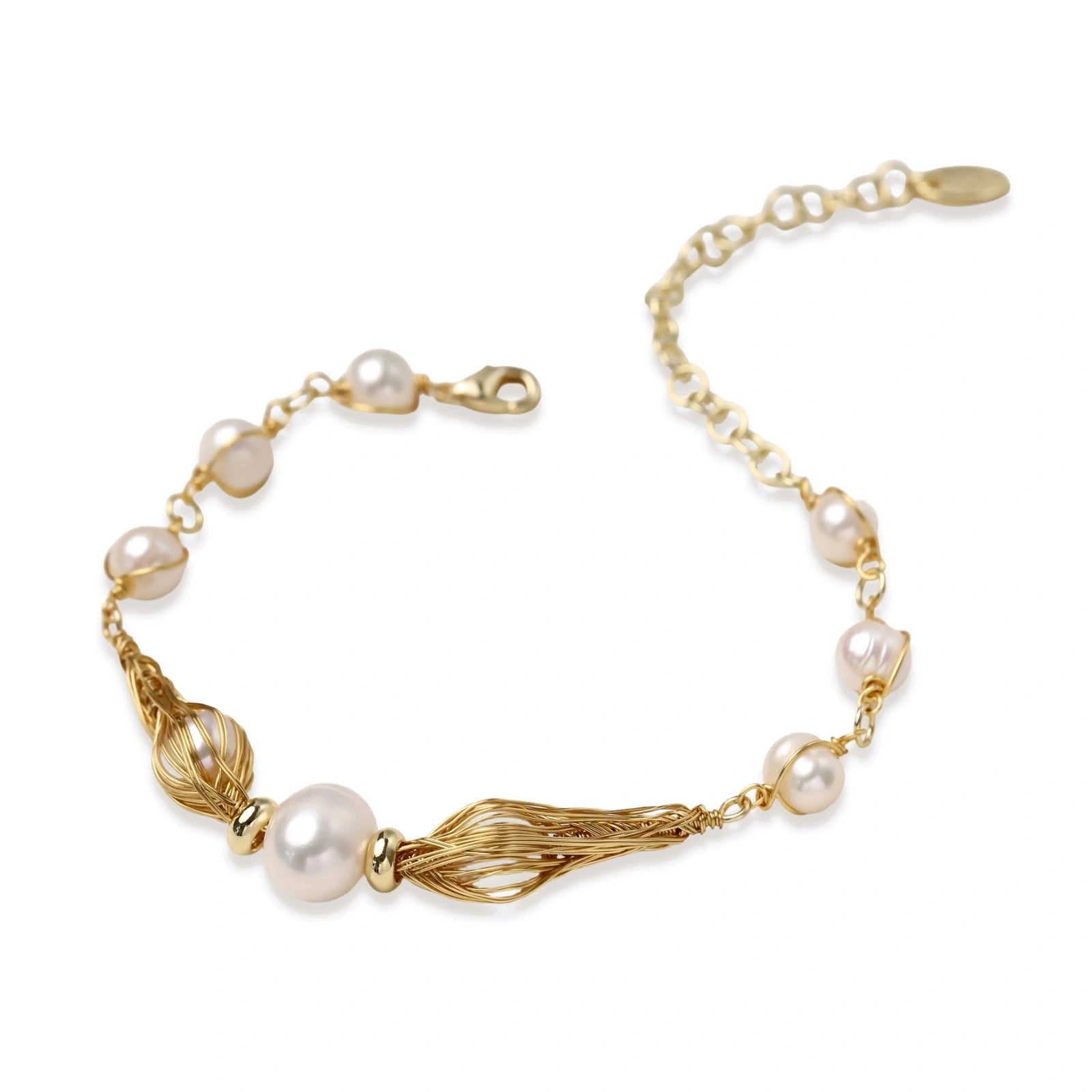 Another model wearing the golden spiral pearl bracelet