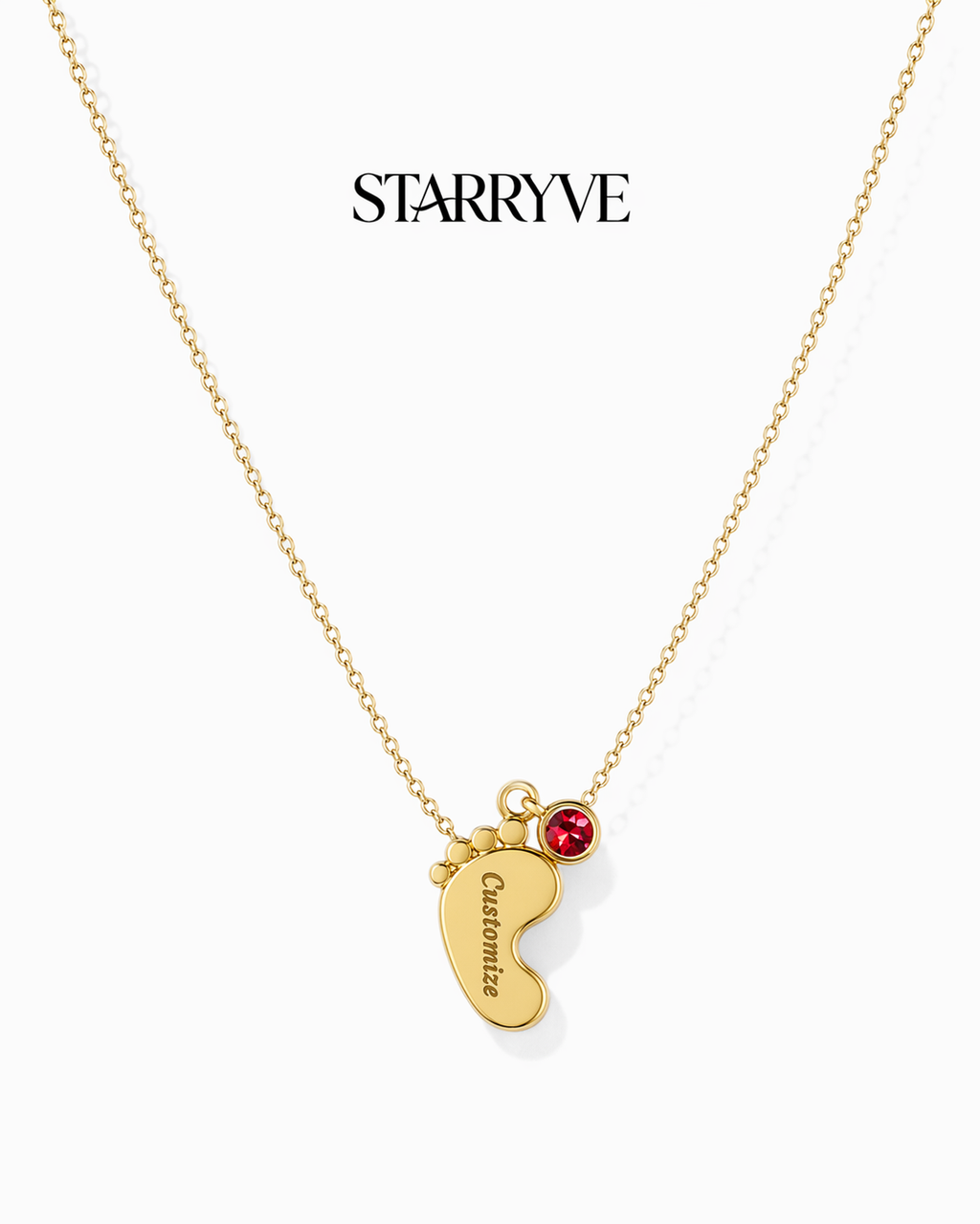 18k gold baby feet birthstone necklace with an engraved name pendant