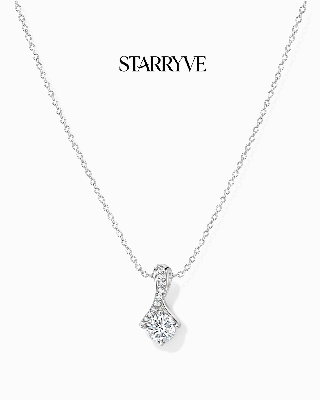 White gold alluring beauty necklace with a twisted ribbon cubic zirconia pendant