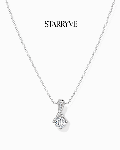 White gold alluring beauty necklace with a twisted ribbon cubic zirconia pendant