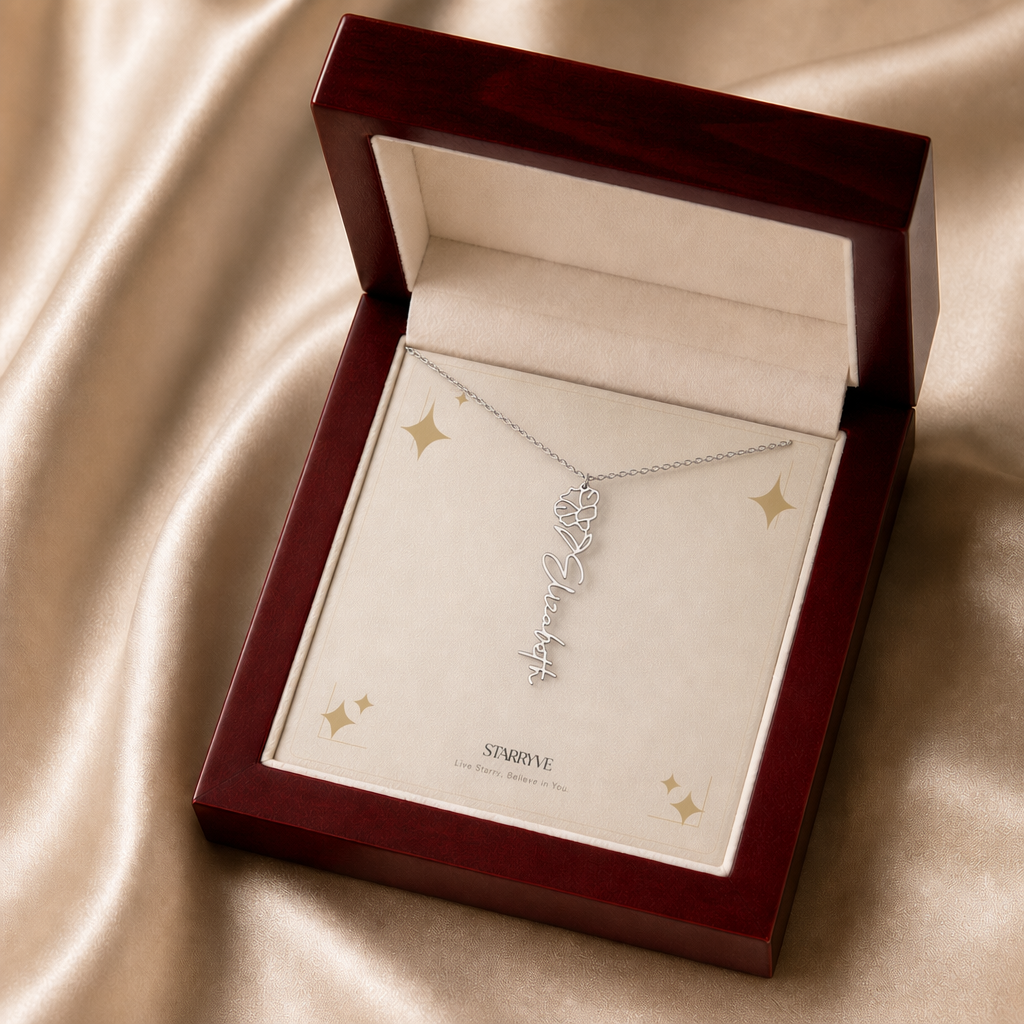 Silver flower name necklace with the September morning glory birth flower, shown in a mahogany LED luxury gift box