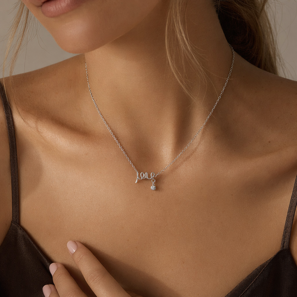 Close-up of the silver scripted love necklace worn with a dark top