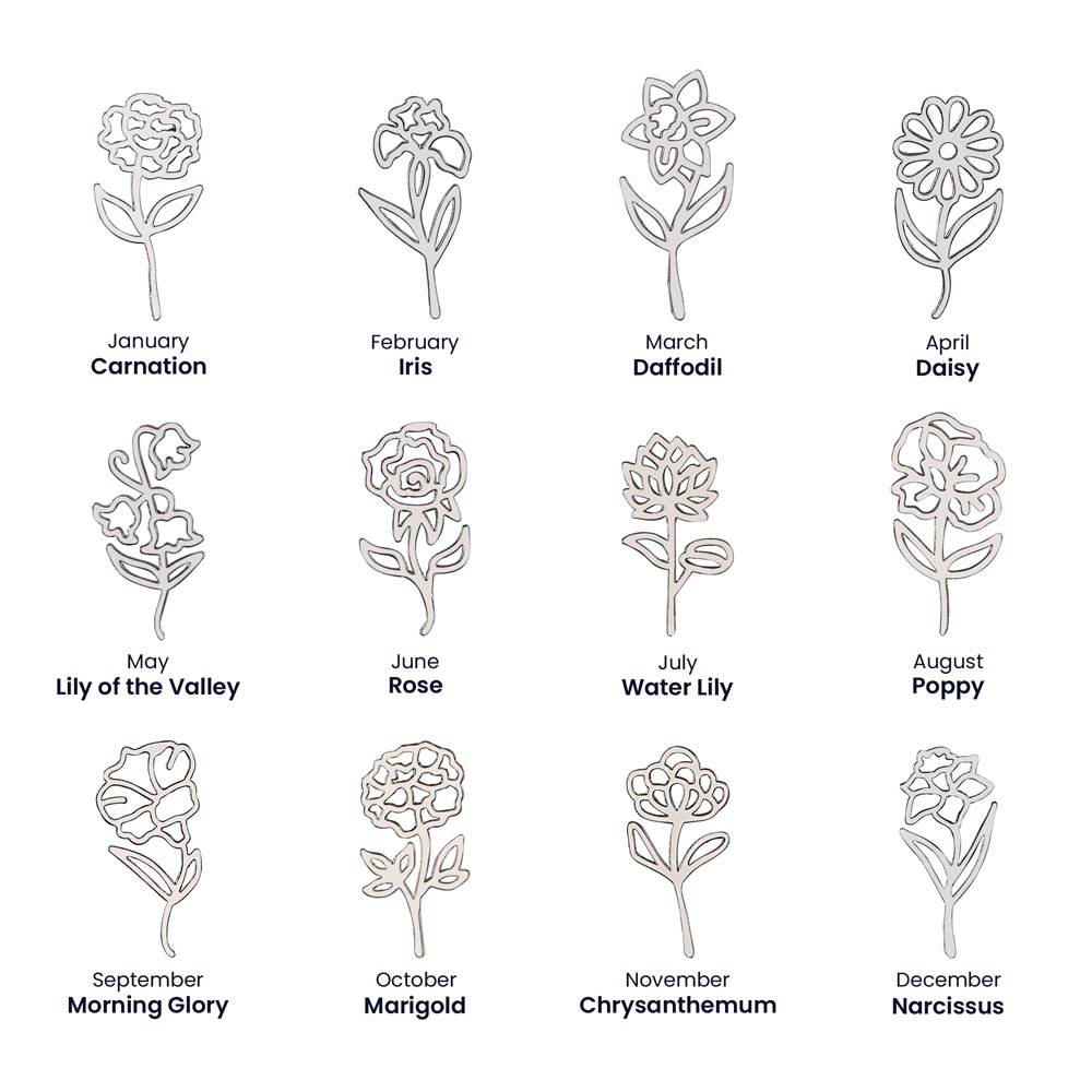 Birth flower guide in silver showing all 12 monthly flowers from January to December