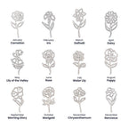 Birth flower guide in silver showing all 12 monthly flowers from January to December