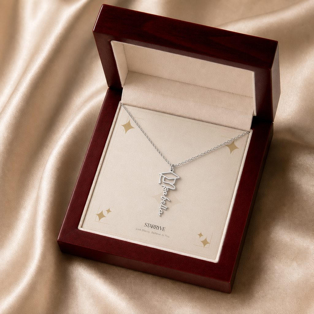 Silver graduation cap name necklace displayed in a mahogany LED luxury gift box
