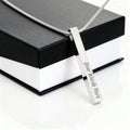 Personalized stainless steel bar necklace engraved "Your Words Here" on a gift box