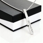 Personalized stainless steel bar necklace engraved "Your Words Here" on a gift box