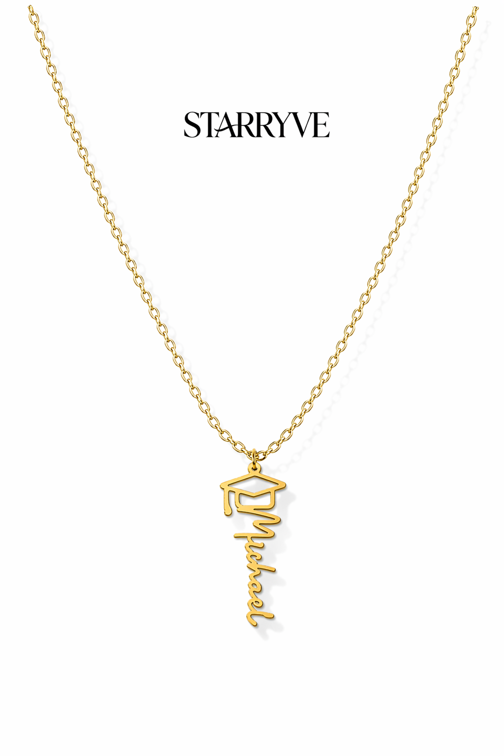 18k gold graduation cap name necklace with a personalized cursive name pendant