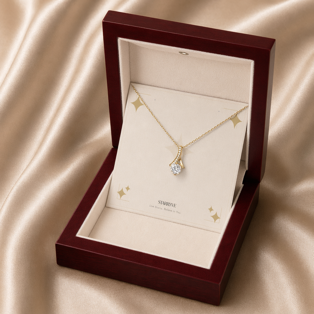 Yellow gold alluring beauty necklace displayed in a mahogany LED luxury gift box
