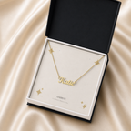 Gold custom name necklace in a black standard gift box