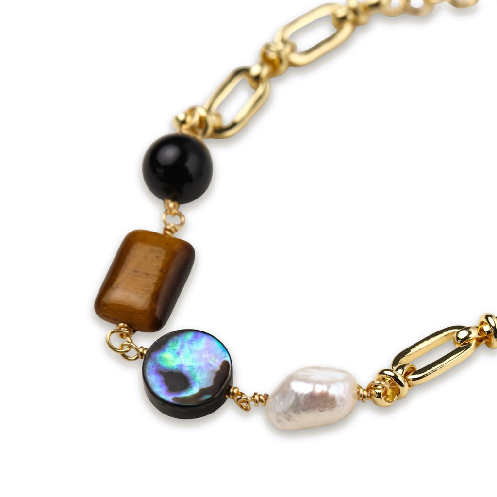 Woman wearing the earth elements bracelet, another angle
