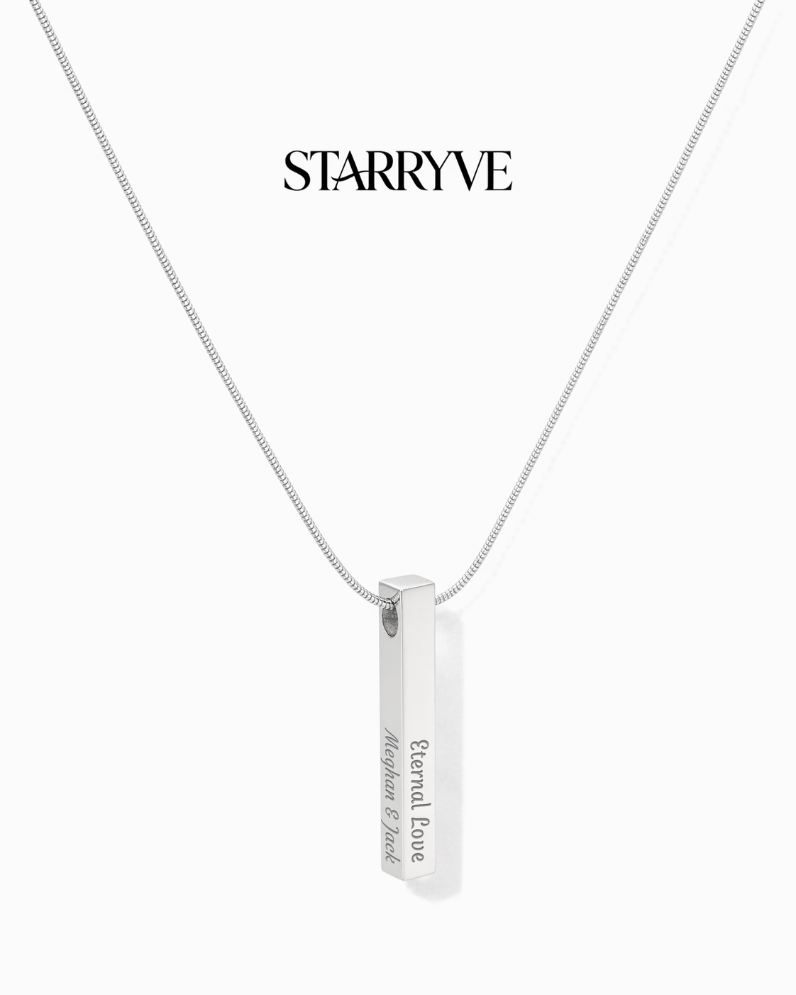 Stainless steel 4-sided bar necklace engraved "Eternal Love" on a snake chain