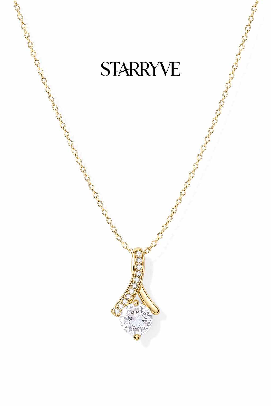 Yellow gold alluring beauty necklace with a twisted ribbon cubic zirconia pendant