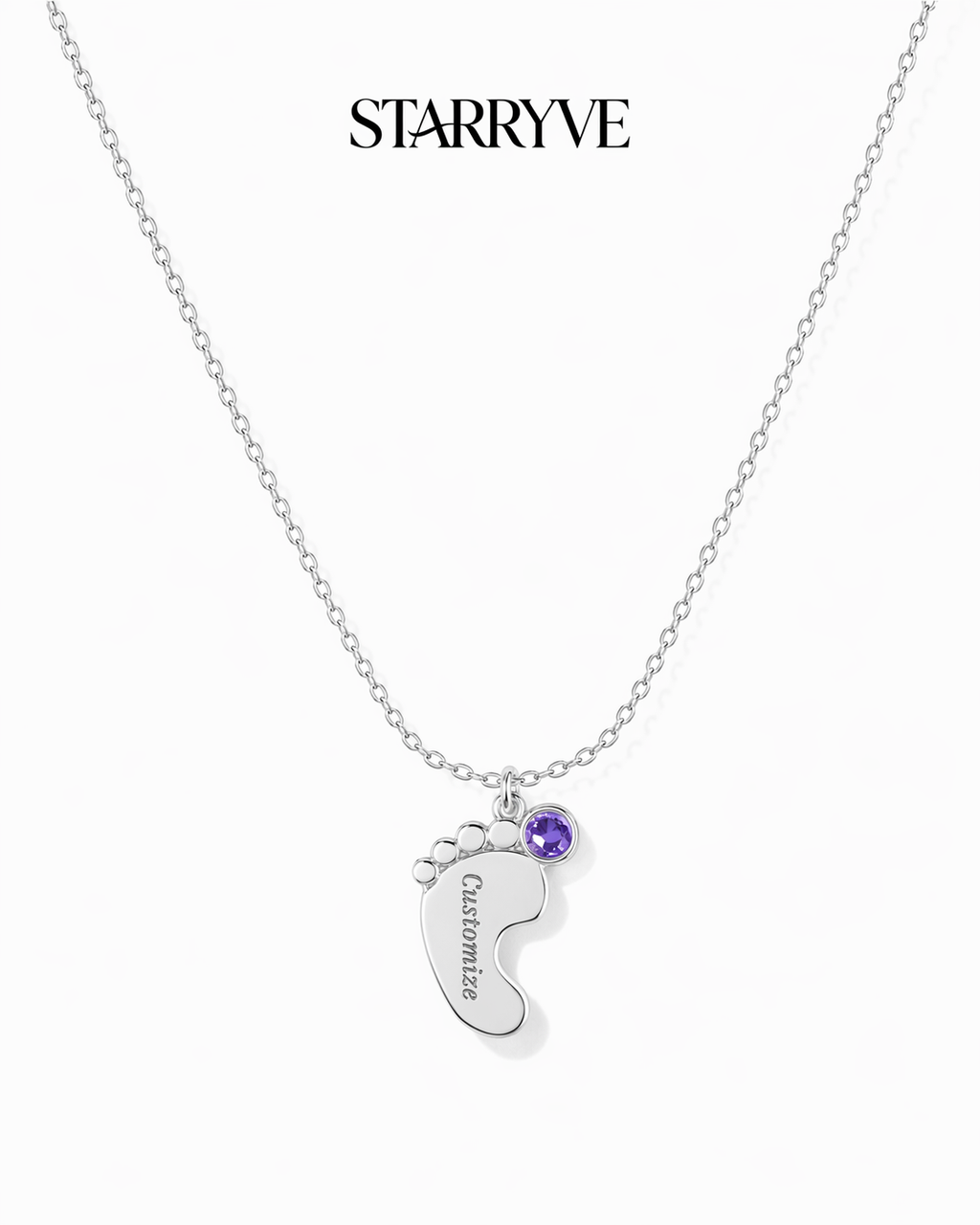 Silver baby feet birthstone necklace with an engraved name pendant