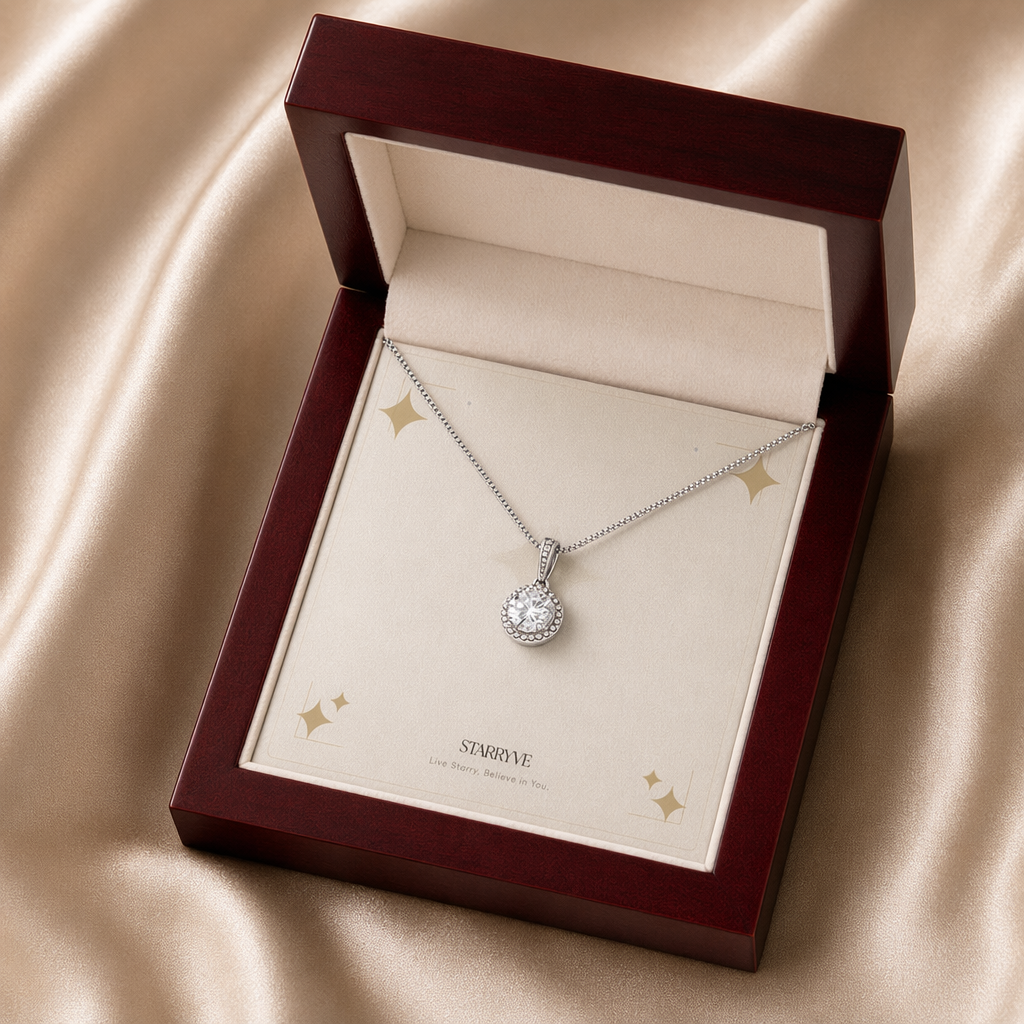White gold eternal hope necklace displayed in a mahogany LED luxury gift box