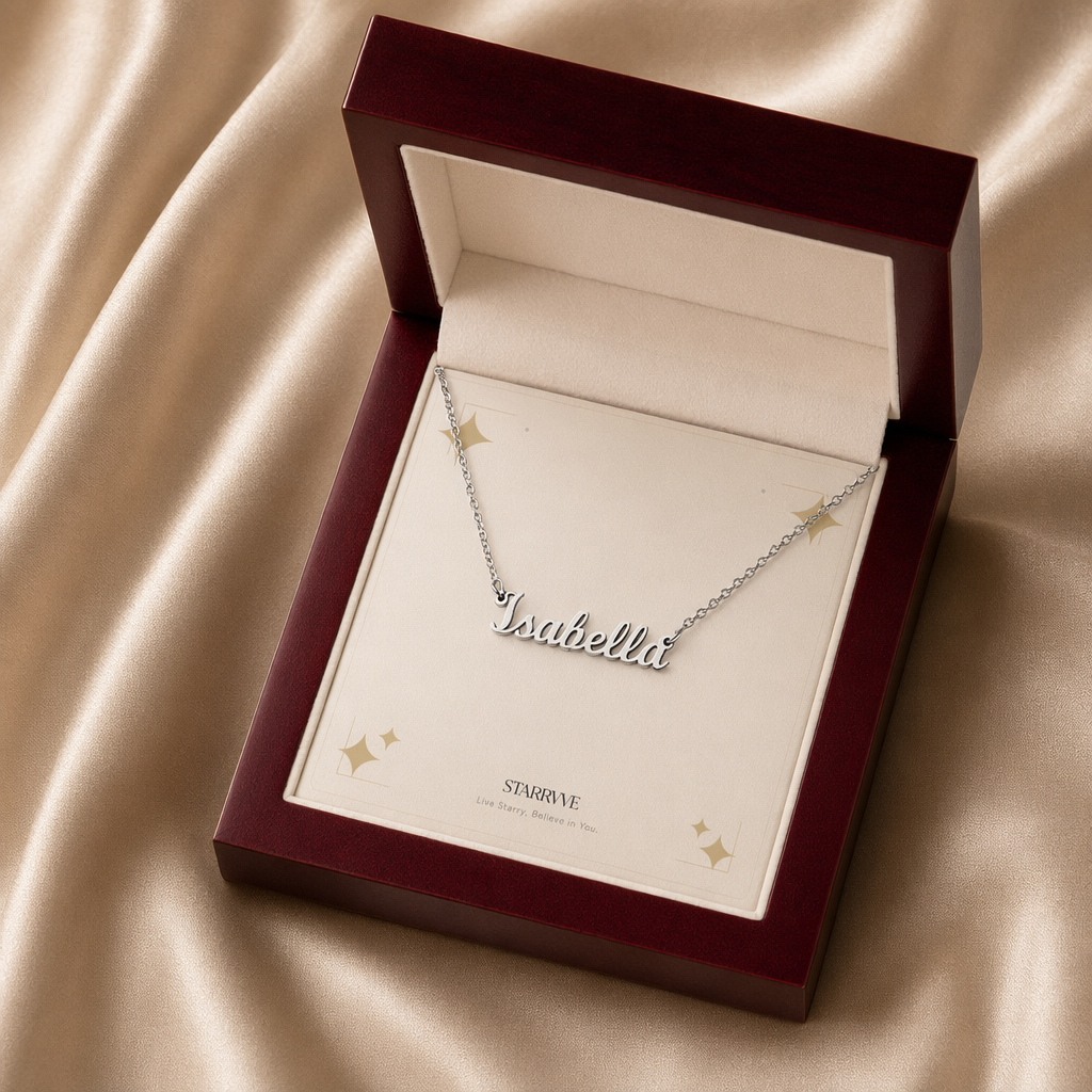 Silver custom name necklace displayed in a mahogany LED luxury gift box