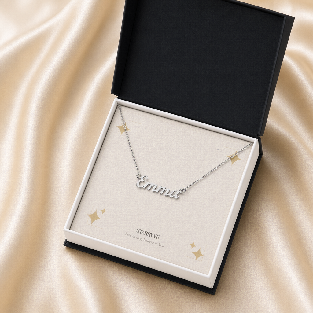 Silver custom name necklace in a black standard gift box