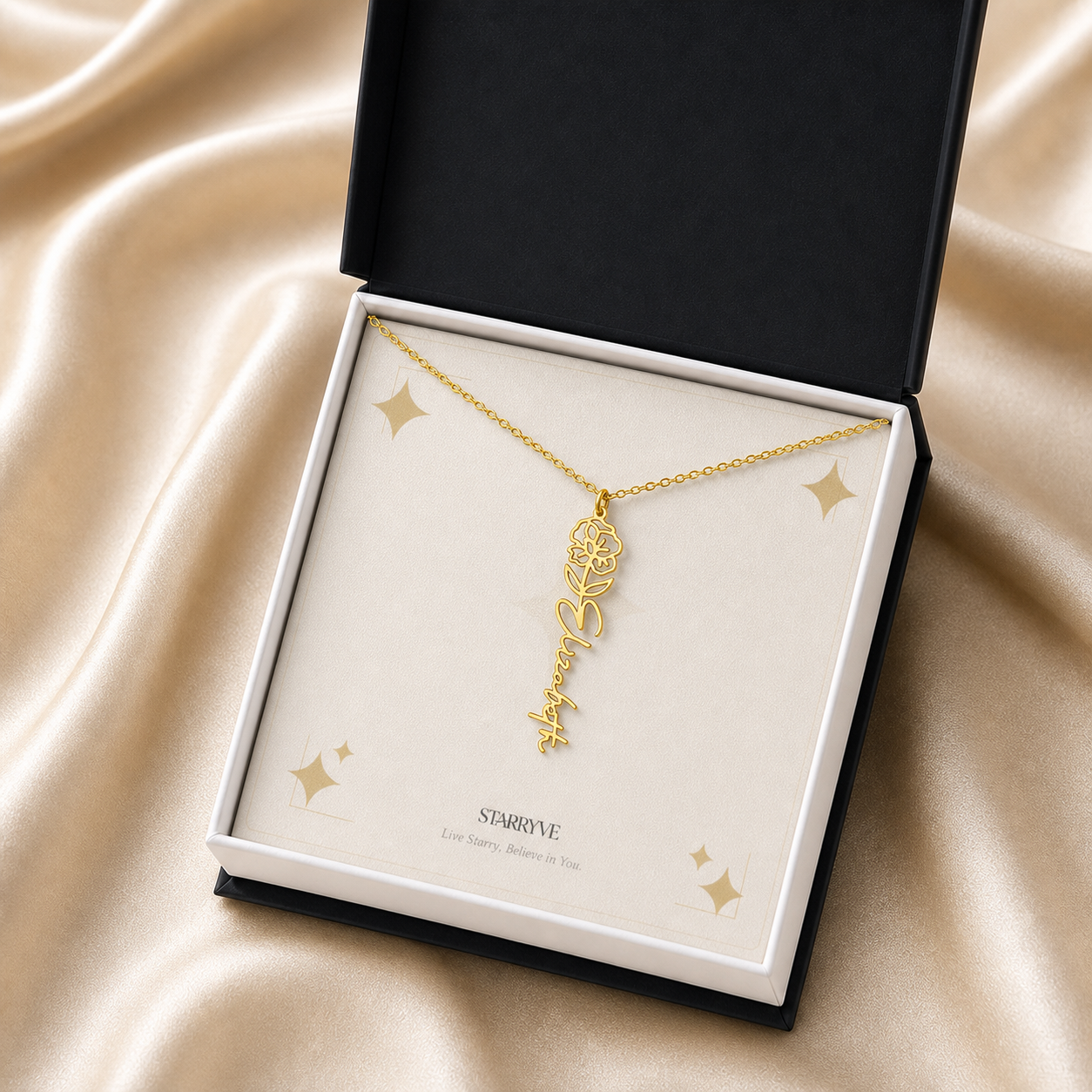 Gold flower name necklace in a black standard gift box