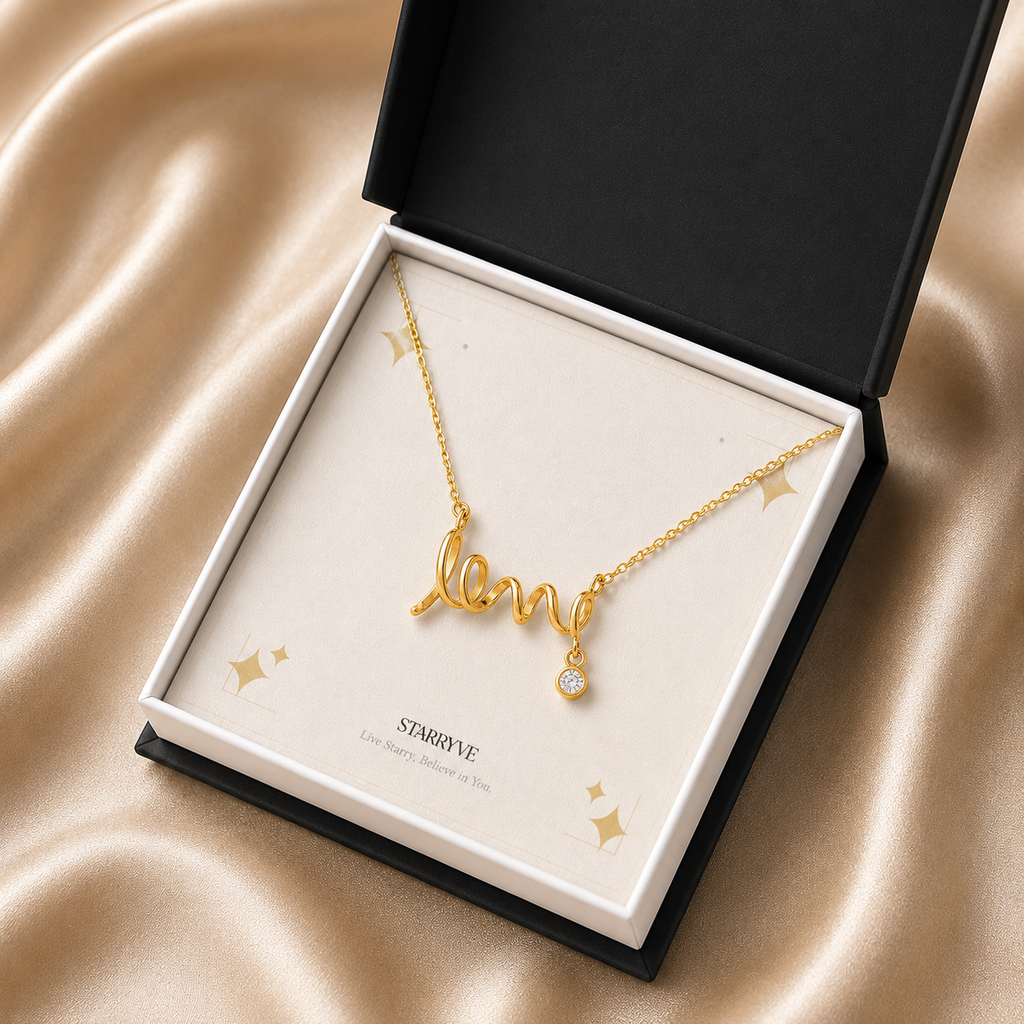 Gold scripted love necklace in a black standard gift box