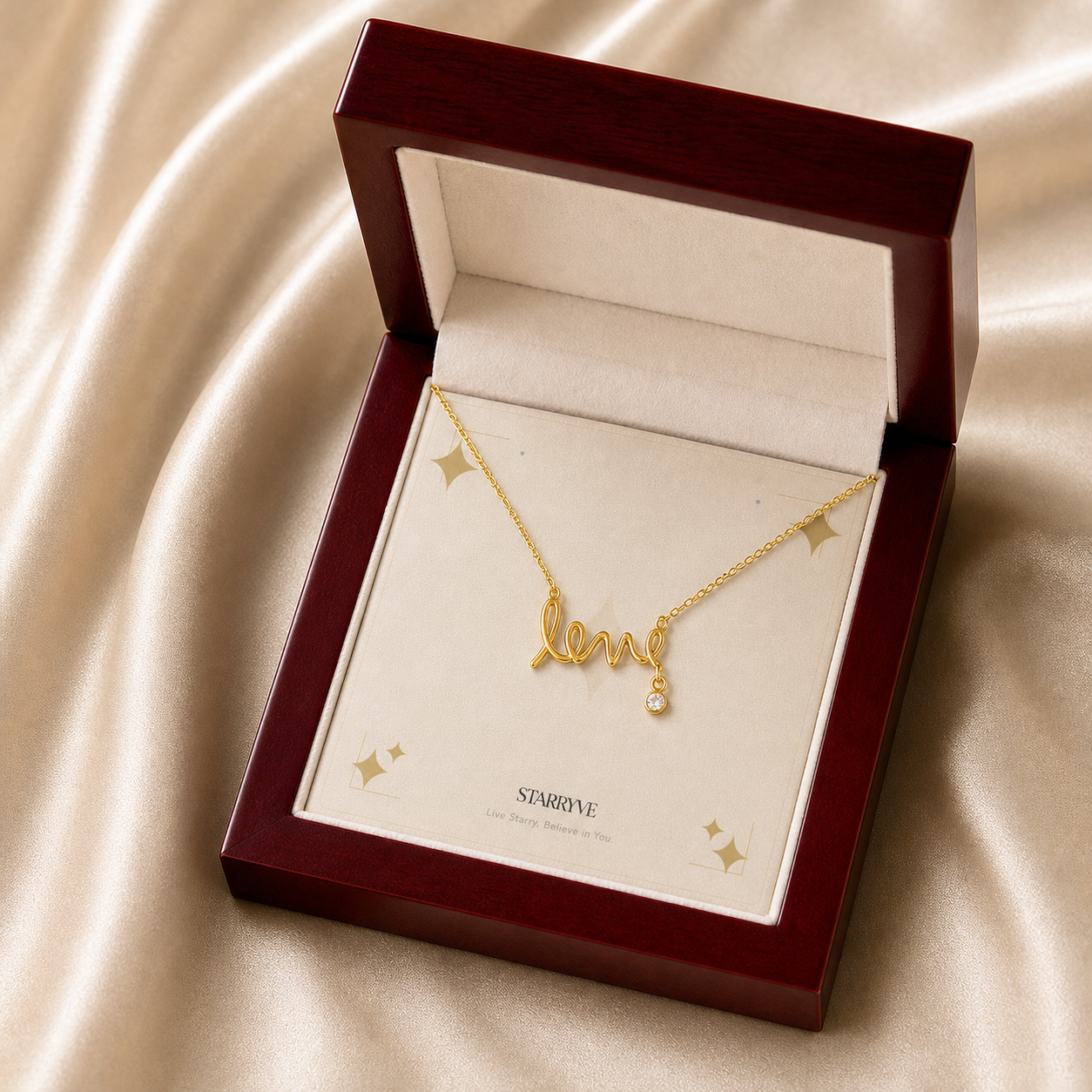 Gold scripted love necklace displayed in a mahogany LED luxury gift box