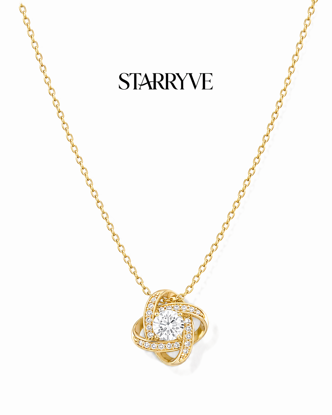18K yellow gold love knot necklace with a pavé cubic zirconia pendant on a fine chain