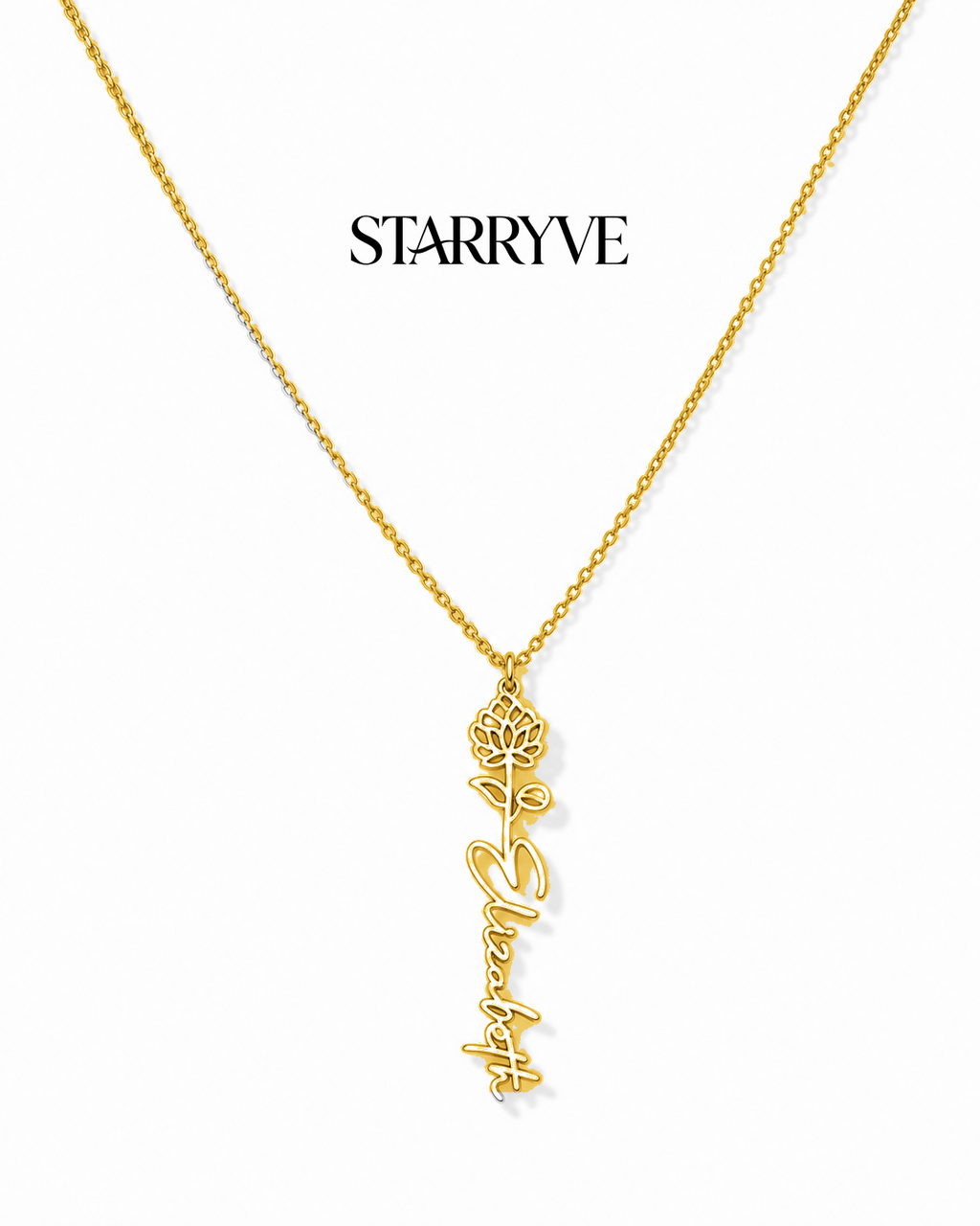 18k gold flower name necklace with a birth flower charm and cursive name pendant