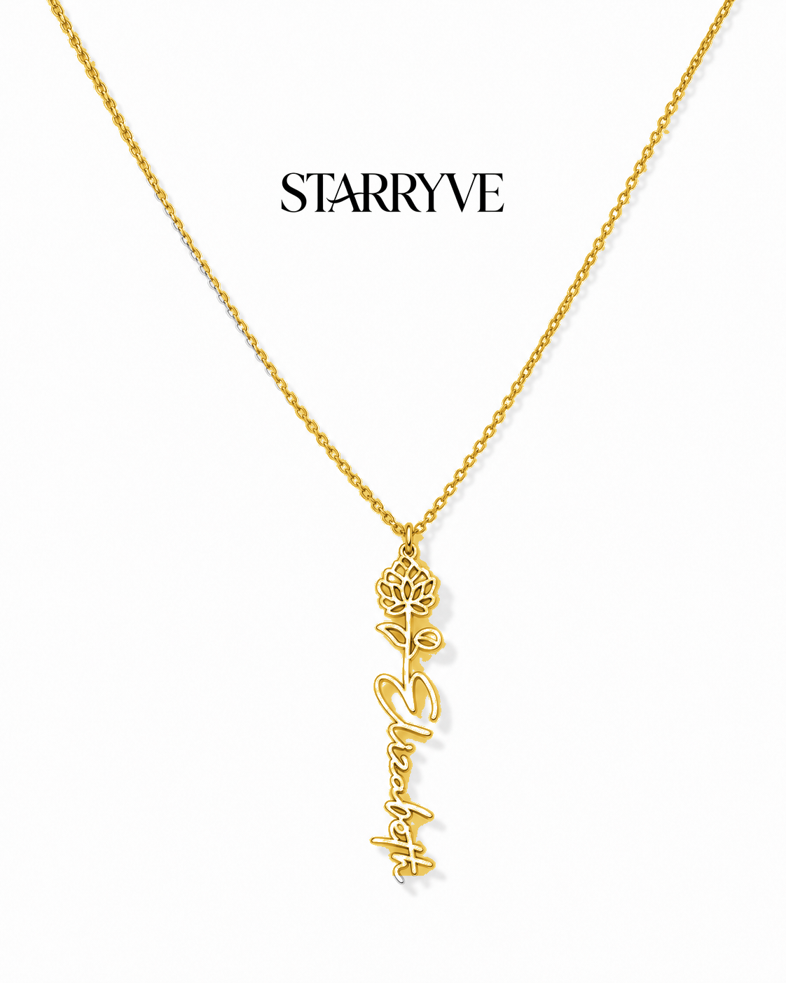 18k gold flower name necklace with a birth flower charm and cursive name pendant