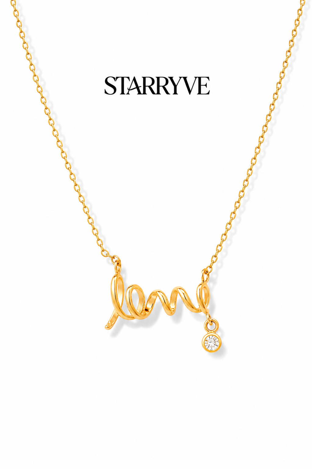 18k gold scripted love necklace with a cursive love design and crystal drop