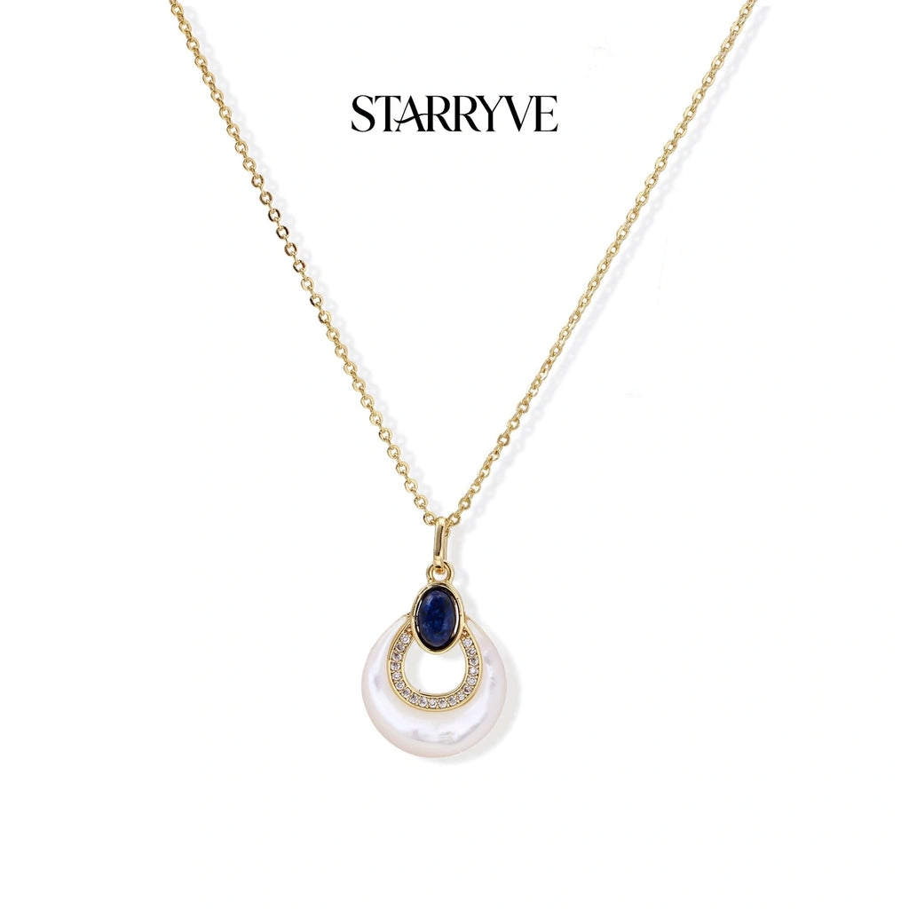 Lapis lazuli and mother-of-pearl teardrop pendant on an 18K gold plated eco-brass chain