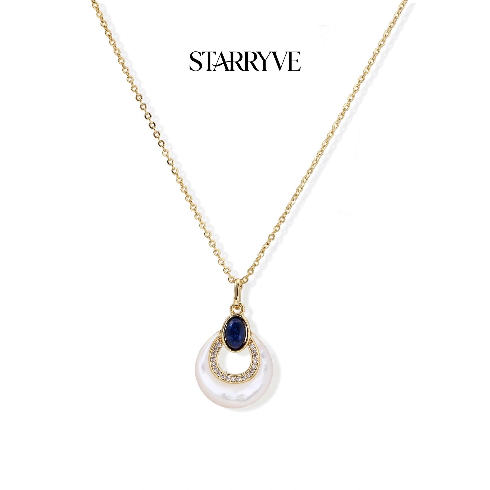 Lapis lazuli and mother-of-pearl teardrop pendant on an 18K gold plated brass chain