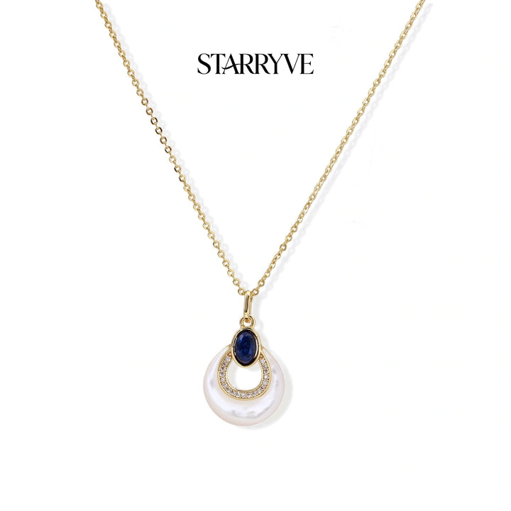 Lapis lazuli and mother-of-pearl teardrop pendant on an 18K gold plated brass chain