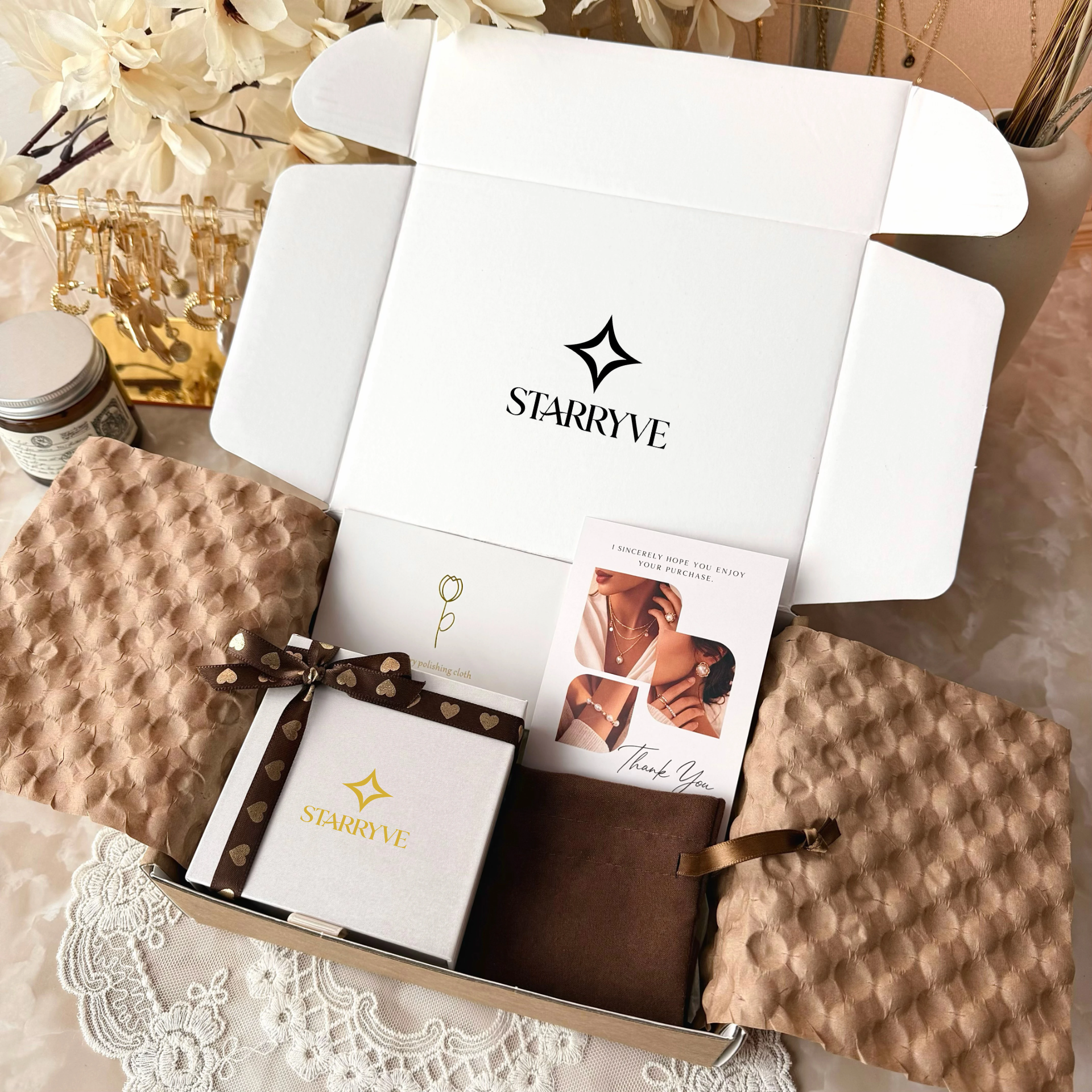 Golden Pearl Chain Bracelet - Freshwater Pearl Links shipping package with Starryve gift box, pouch, thank-you card, and wrapping paper