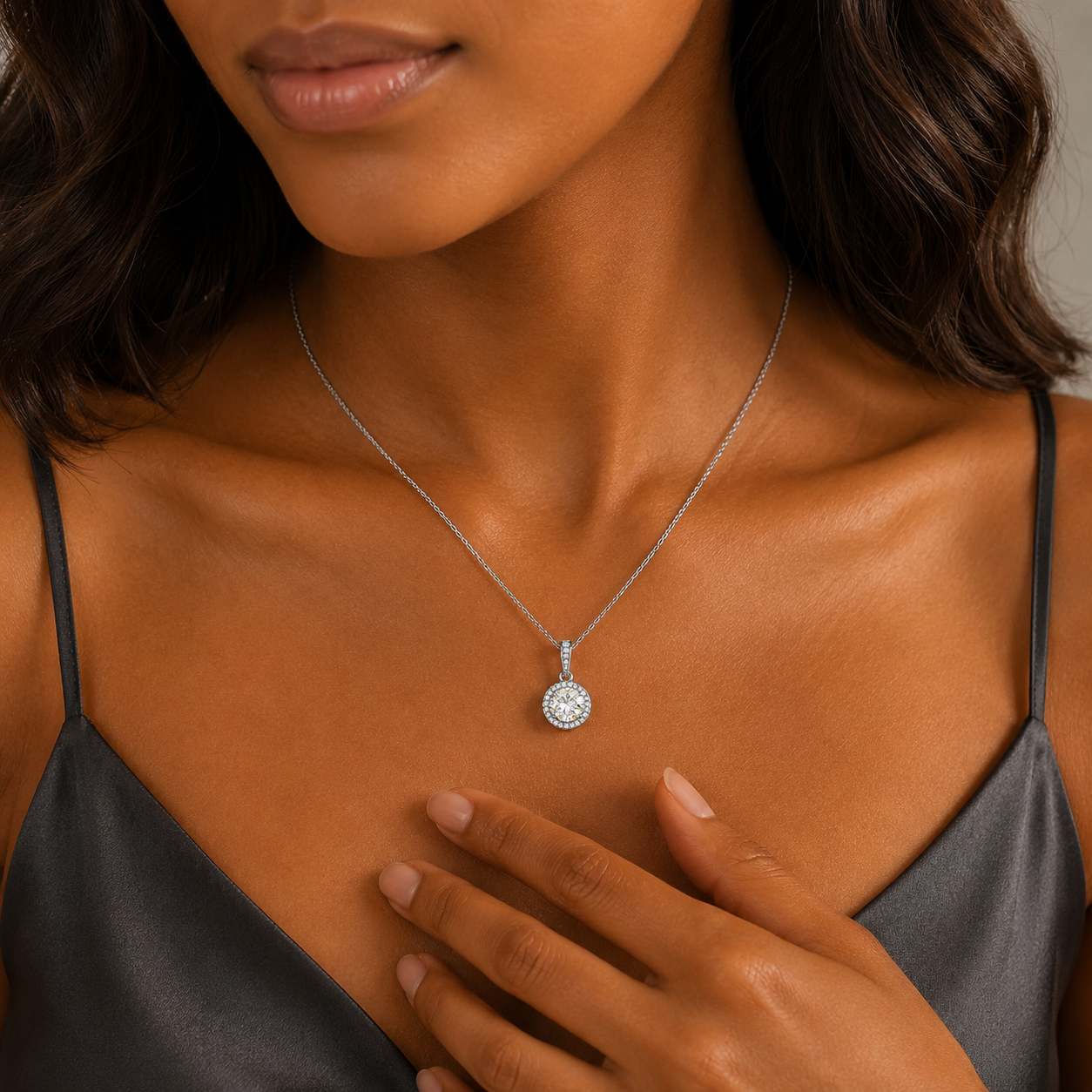 Close-up of the white gold halo necklace at the neckline