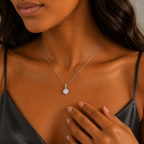 Woman wearing the white gold halo cubic zirconia necklace
