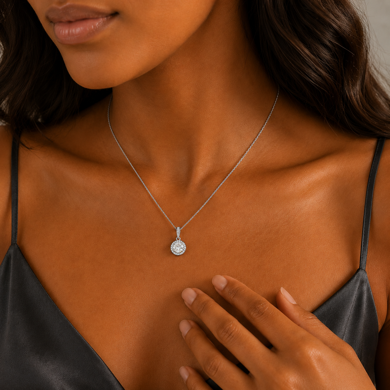 Woman wearing the white gold halo cubic zirconia necklace